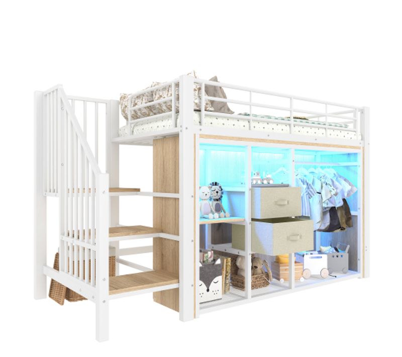 Lit Mezzanine 90x200 Cm-éclairage LED-lit En Métal Avec Rangements-lit Enfant 2 Tiroirs-blanc