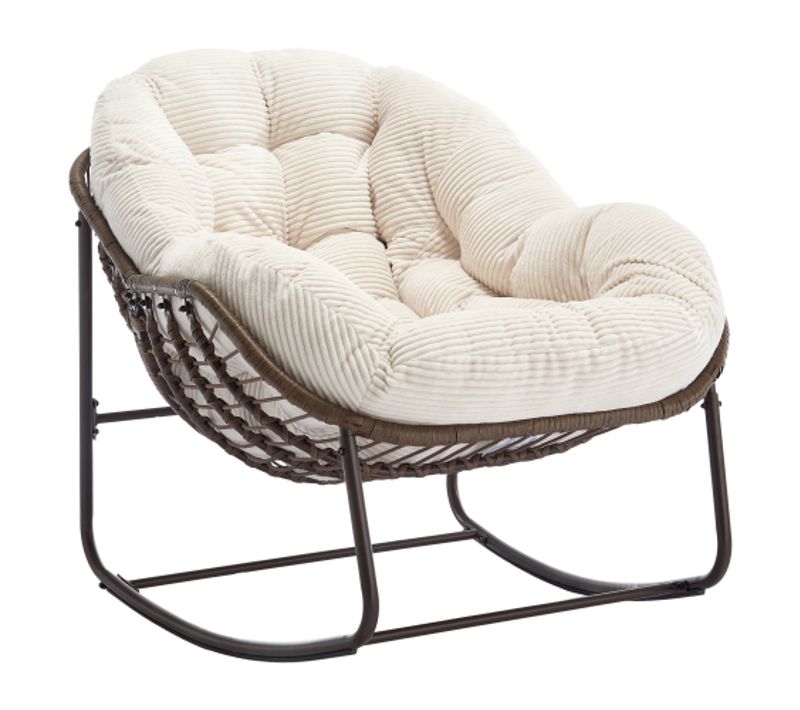 Fauteuil Rocking-chair-en Rotin-siège Rembourré Avec Dossier-entrée, Salon, Terrasse, Jardin-blanc