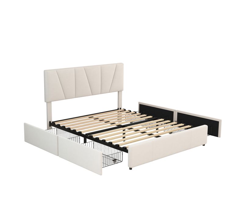Lit Plateforme Double-lit Rembourré Avec Quatre Tiroirs-lit Adulte 140 X 200 Cm-beige