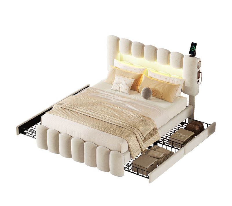 Lit Rembourré 160x200cm-lit Double Avec 4 Tiroirs-éclairage LED Avec USB Et Système Stéréo-beige