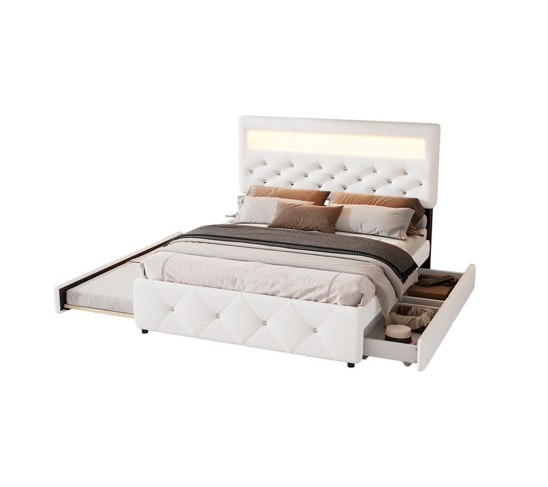 Lit Rembourré 140*200cm (90*190cm)-lit Double Avec Lit Gigogne Et 2 Tiroirs-blanc