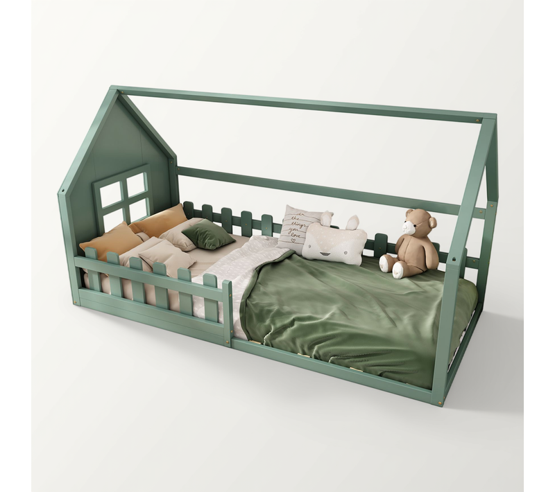 Lit Plat 90*200cm-lit Cabane -lit Enfant-barrière De Sécurité-vert