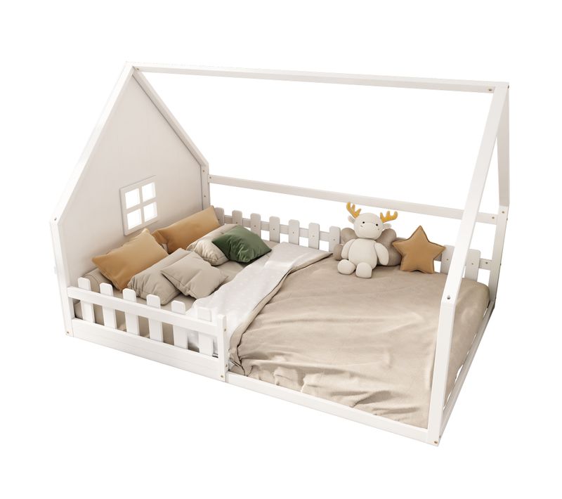 Lit Plat 140*200cm-lit Cabane -lit Enfant-barrière De Sécurité-blanc