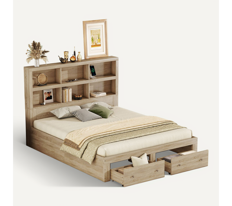 Lit Double 160x200 Cm - Avec 2 Tiroirs - Bois