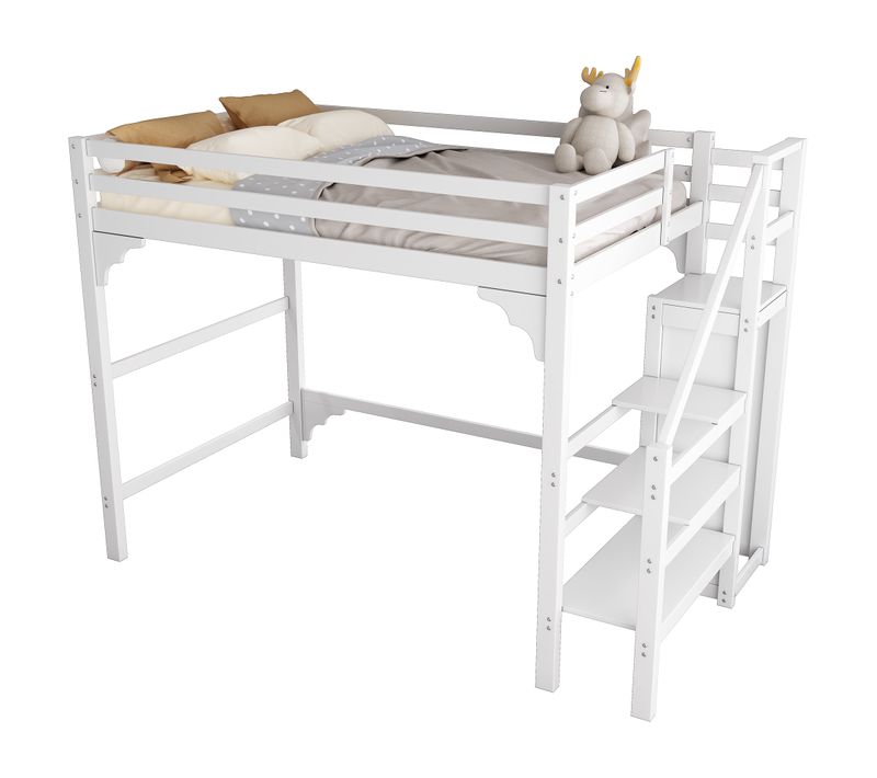 Lit Mezzanine 140 X 200 Cm-avec Escalier-penderie-en Pin-lit Enfant Et Rangements-blanc