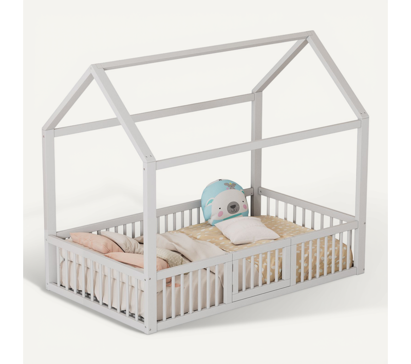 Lit Cabane 90*200cm-lit Doubl En Bois Massif-lit Plat-avec Porte-blanc