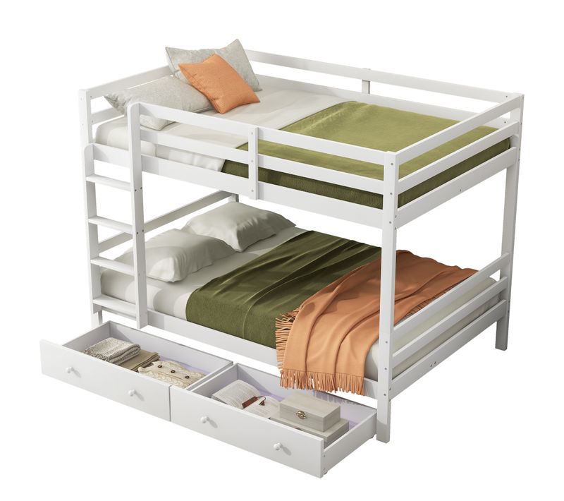 Lit Superposé Pour Enfant 140 X 200 Cm Avec Tiroirs-rangements-garde-corps Hauts-blanc