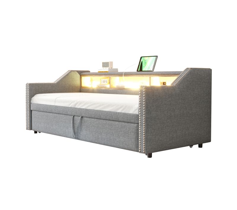 Lit Gigogne 90/180x190cm-rangement Multifonctionnel-led Et Port USB-gris Clair