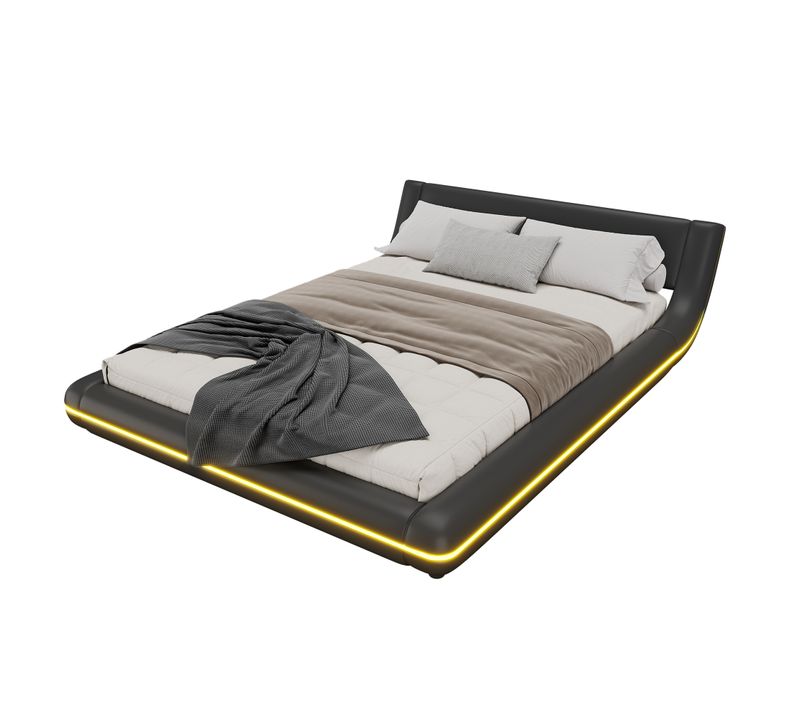 Lit Plat 140*200cm-lit Au Sol- Pu-lumière D'ambiance LED-noir