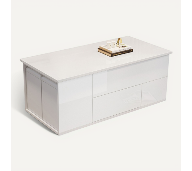Table Basse LED 4 En 1 100 X 50 X 45 Cm-avec 2 Tiroirs-brillance Avec 2 Tabourets-blanc