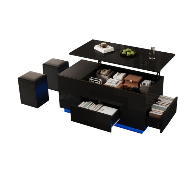 Table Basse LED 4 En 1 100 X 50 X 45 Cm-avec 2 Tiroirs-brillance Avec 2 Tabourets