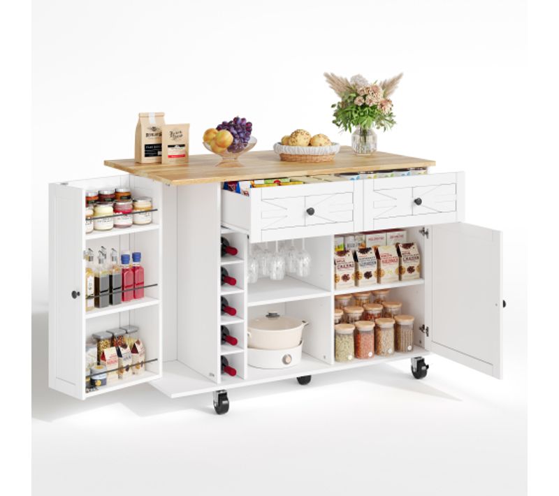 Îlot Central Cuisine Avec Plan De Travail Rabattable-un Casier à Vin-avec Roulettes Pivotantes-blanc