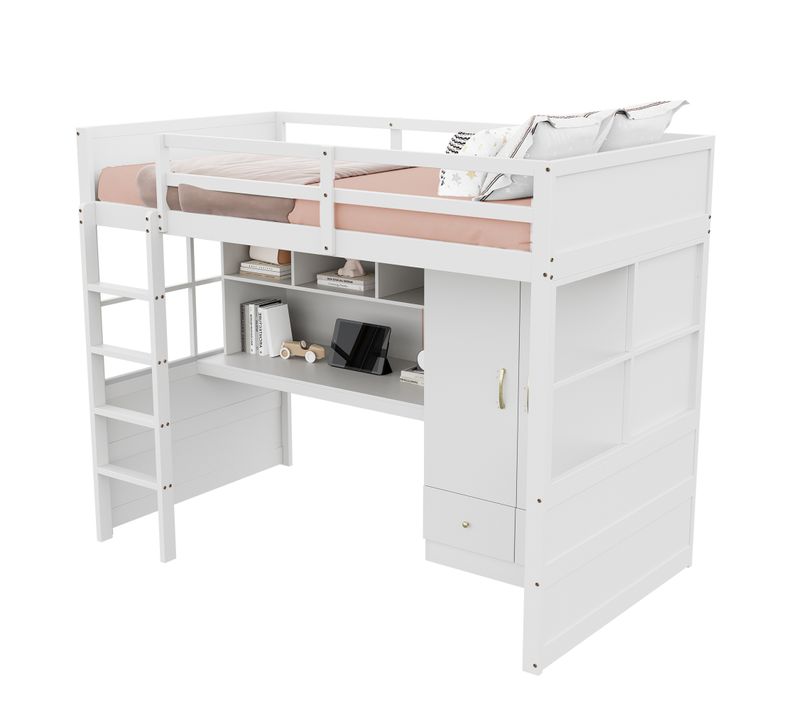 Lit Mezzanine 90x200cm-avec Bureau Avec Rangement, blanc