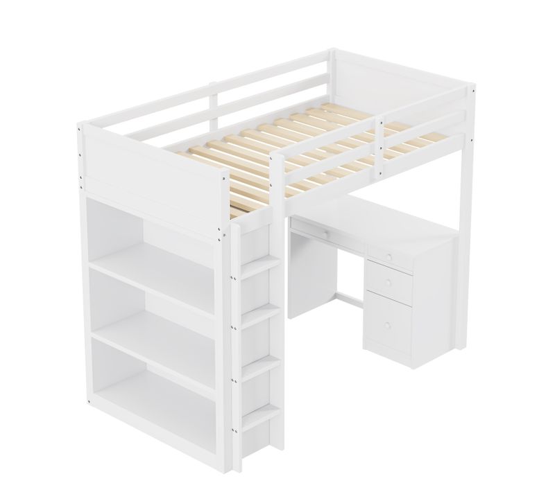 Lit Mezzanine 90x200cm Avec Rangement Et Bureau D'ordinateur-lit Enfant-adolescents Et Adultes-blanc