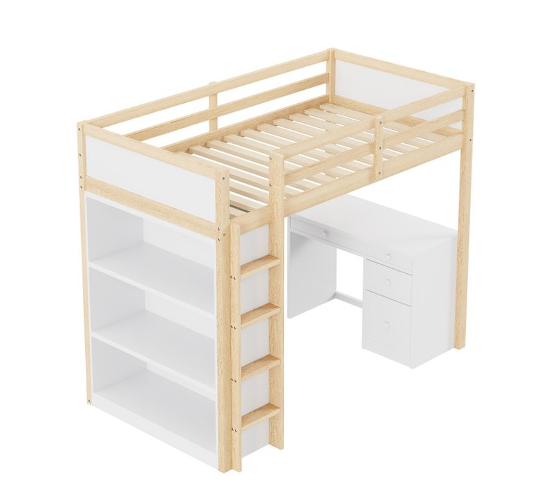 Lit Mezzanine 90x200cm Avec Rangement Et Bureau D'ordinateur-lit Enfant-adolescents Et Adultes-bois