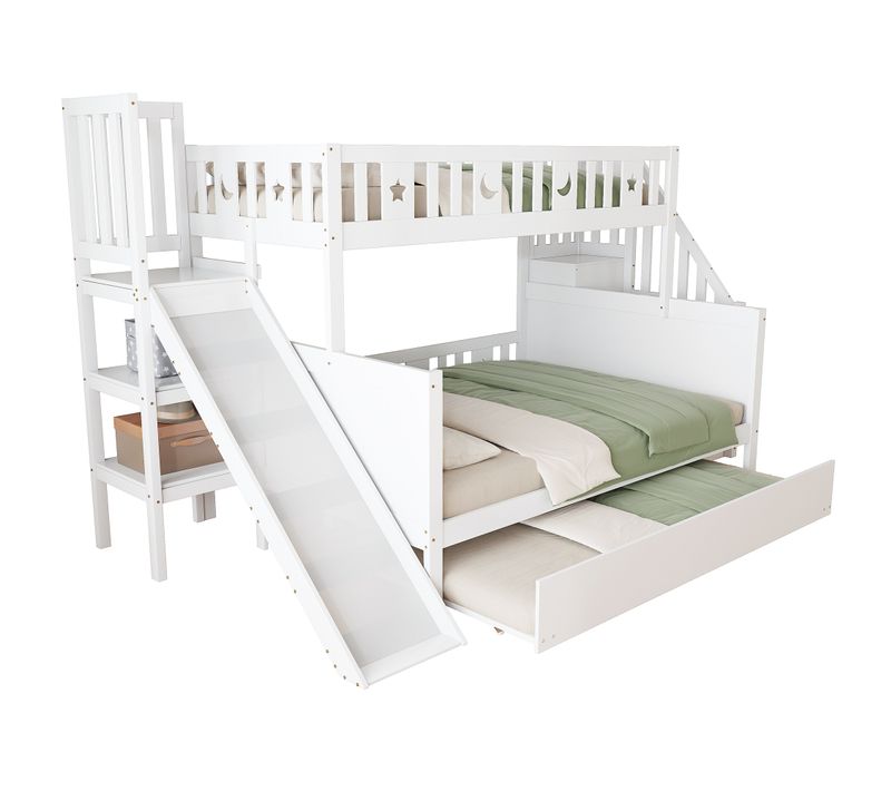 Lit Superposé 90*200/140*200 Cm-lit Enfant En Bois Massif Avec Toboggan-lit Gigogne-blanc