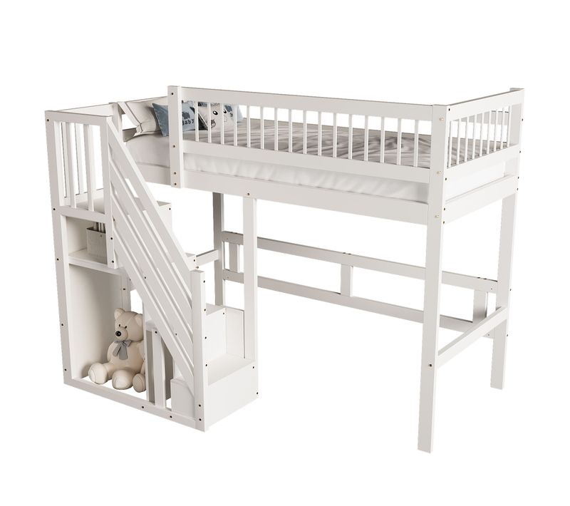 Lit Mezzanine 90*200cm-escalier Avec Meuble De Rangement-lit Enfant, Lit Adolescent-blanc