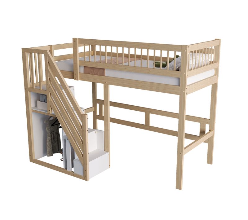Lit Mezzanine 90*200cm-escalier Avec Meuble De Rangement-lit Enfant, Lit Adolescent-bois
