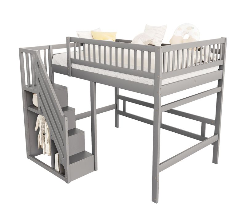 Lit Mezzanine 140*200cm-en Bois Massif-escalier Avec Placard De Rangement-lit Enfant-gris