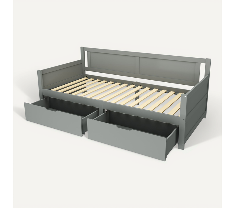 Lit Enfant 90x200 Cm Avec 2 Tiroirs En Bois Massif - Gris