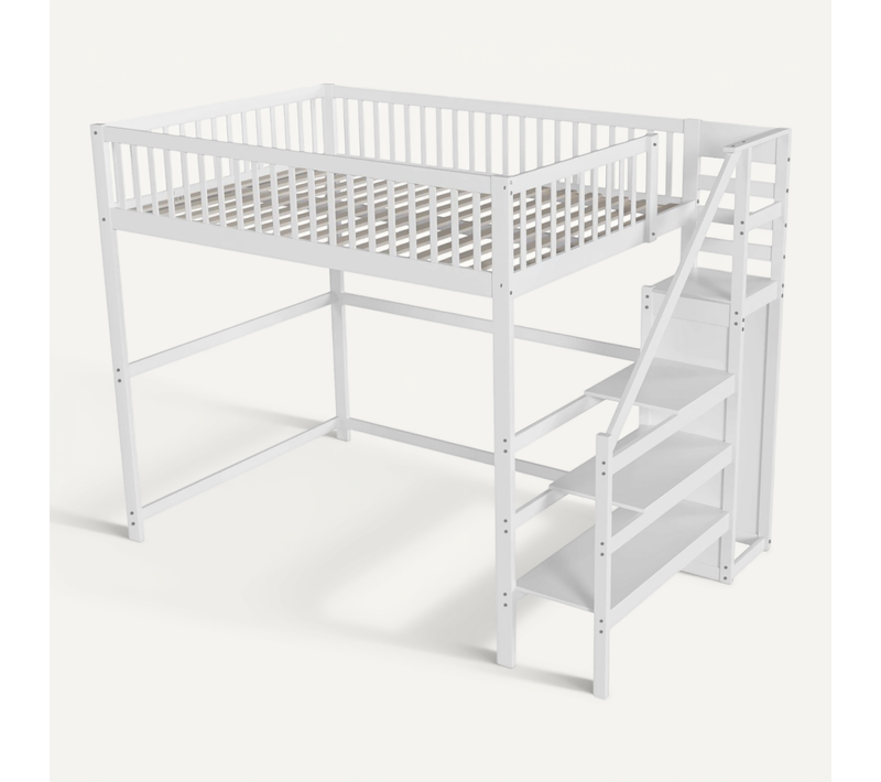 Lit Mezzanine 140x200cm-avec Escalier-lit Enfant Avec Étagère De Rangement-armoire Simple-blanc