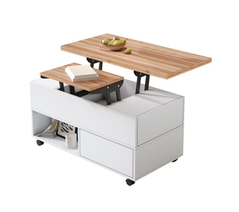 Table Basse Relevable-table De Canapé Réglable En Hauteur-avec Espace De Rangement-blanc + Bois