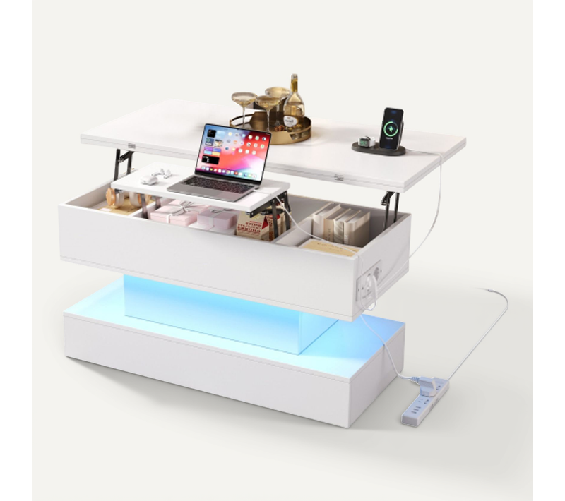 Table Basse Relevable-table De Canapé Réglable En Hauteur-avec Espace De Rangement-blanc
