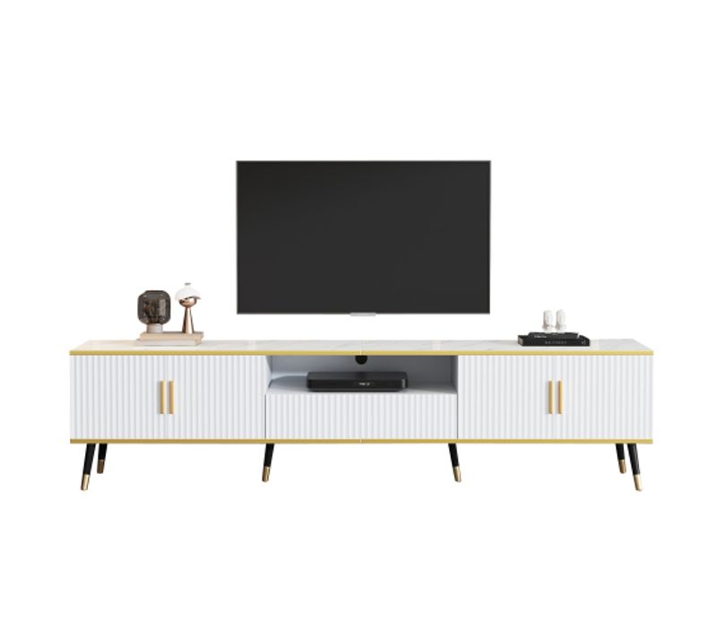 Meuble TV 200cm-aspect Marbre-commode TV-table TV Jusqu'à 90 Pouces-blanc