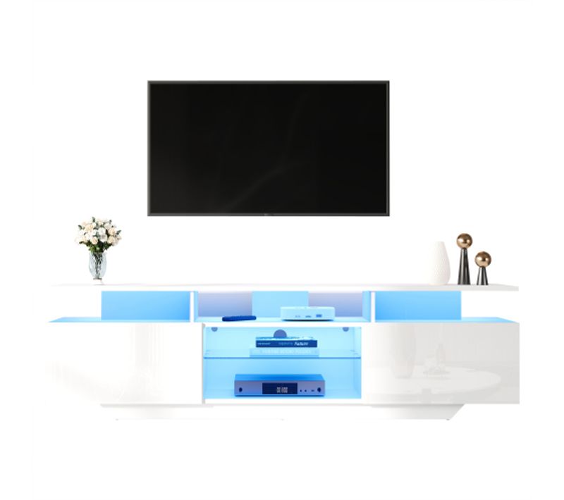 Meuble TV 160cm-meuble De Salon Haute Brillance Avec Barre Lumineuse LED-tv 70 Pouces-blanc