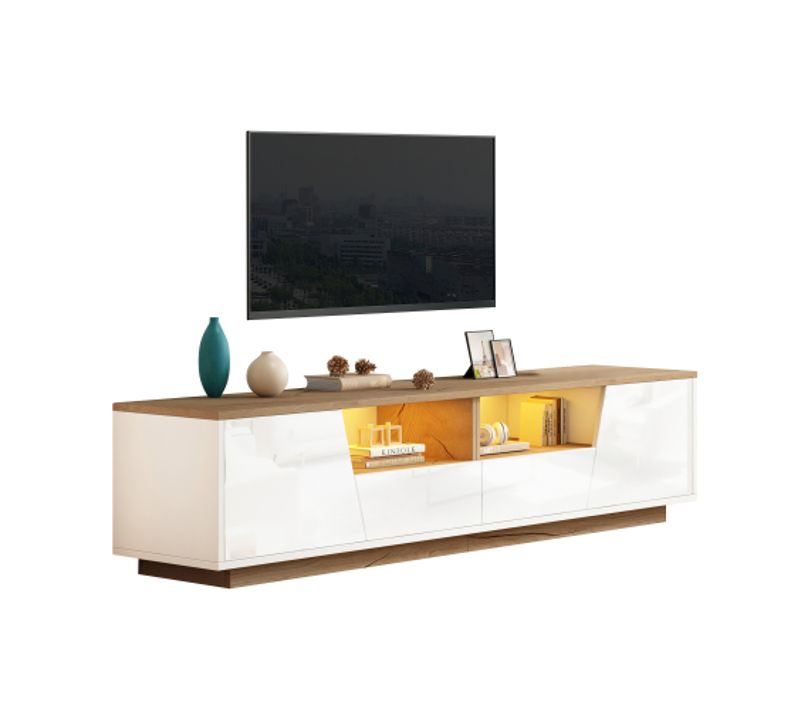 Meuble TV 180cm-meuble De Salon Brillant Avec LED-tv 75 Pouces-bois Et Blanc
