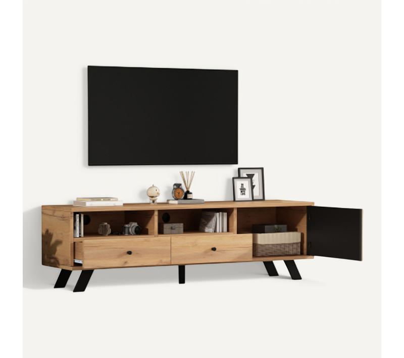 Meuble TV 150cm-meuble TV Avec 2 Tiroirs-tv 60 Pouces-bois Et Noir