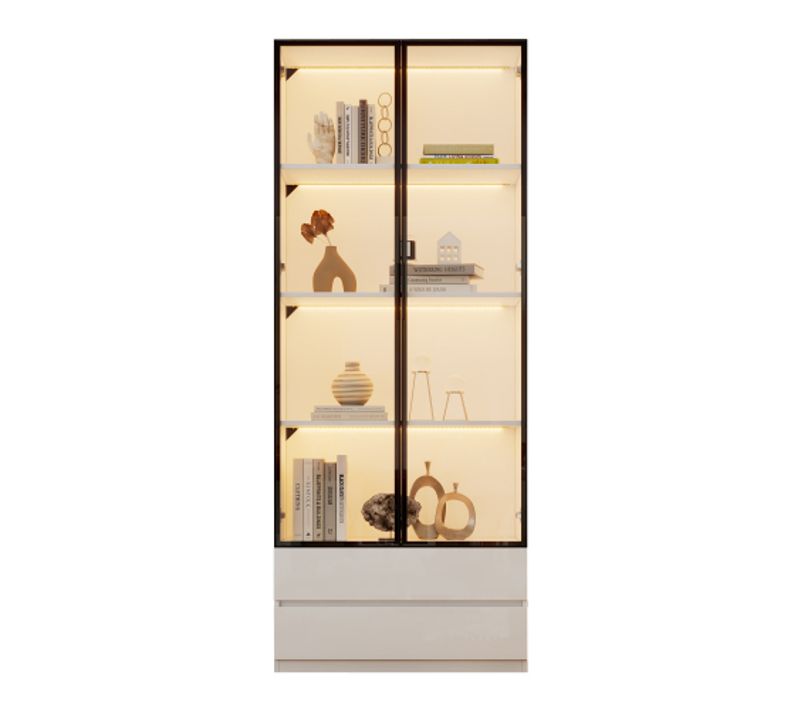 Vitrine 80*34*200cm-meuble Haut Avec Éclairage LED-avec 2 Portes Et 2 Tiroirs-salon-blanc
