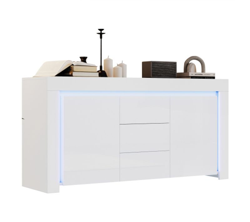 Buffet Brillant Avec Bande Lumineuse LED-meuble Avec 3 Tiroirs, 2 Portes-salons Et Bureaux-blanc