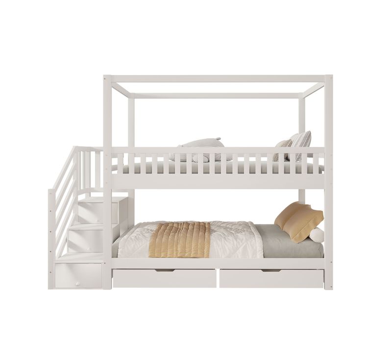 Lit Superposé 90 X 200 Cm- Lit Double En Bois Massif-forme Maison-barrière De Sécurité-blanc