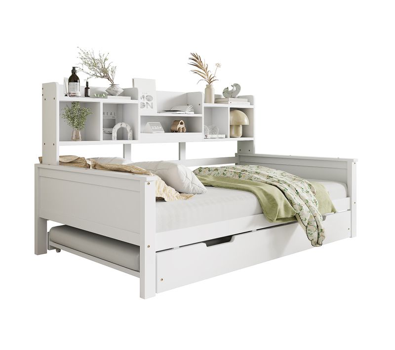 Lit Gigogne 90*200cm-lit Enfant En Bois Massif-canapé-lit Multifonction En Pin-lit Simple-blanc