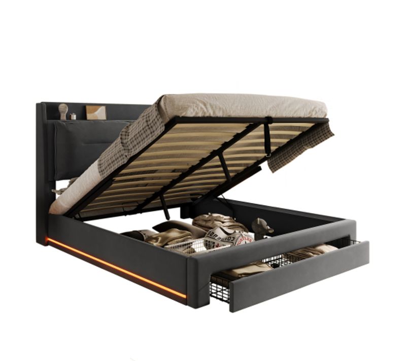 Lit Rembourré Lumineux LED-lit Double 140x190cm-lit Hydraulique-tiroirs De Rangement-gris