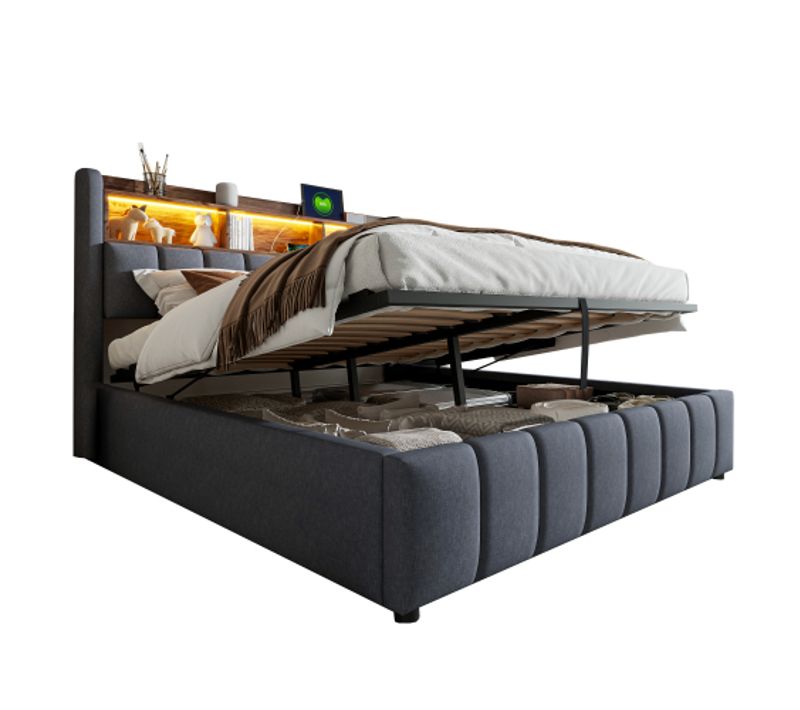 Lit Rembourré 180x200cm-avec Port USB-lit Double Avec Éclairage LED Et Rangement-gris
