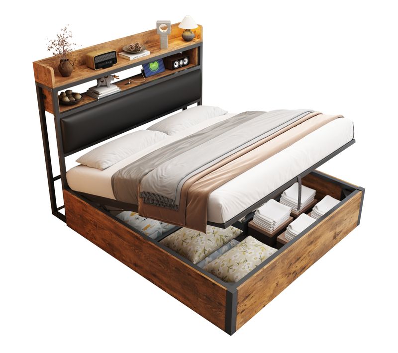 Lit Rembourrée 140x200 Cm Avec Vérin Hydraulique-port USB-en Bois Et Métal-lit Double-noir Et Bois