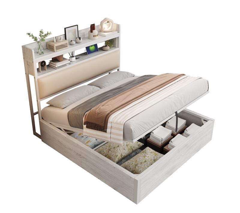 Lit Rembourrée 140x200 Cm Avec Vérin Hydraulique-port USB-en Bois Et Métal-lit Double-blanc