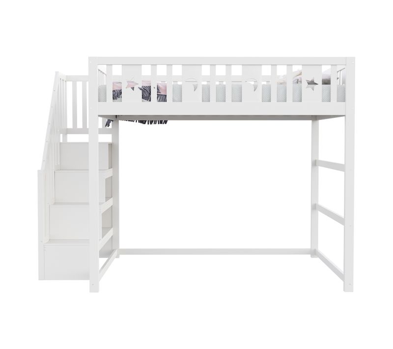 Lit Mezzanine 140x200 Cm Avec Escalier-avec Barrière De Sécurité-en Bois Massif-blanc