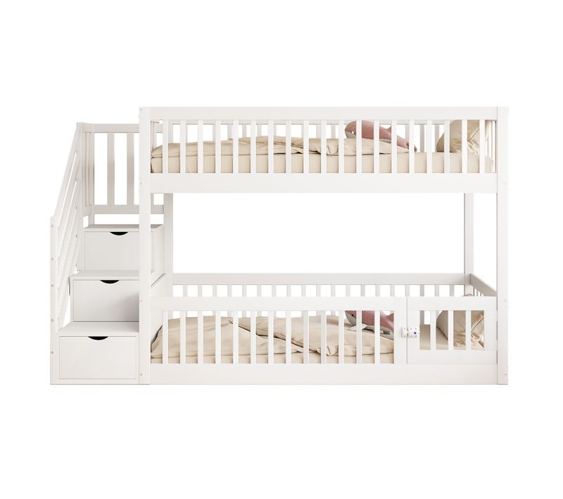 Lit Superposé 90x200-avec Escalier De Sécurité-lit Simple-pour Enfants Et Adolescents-blanc