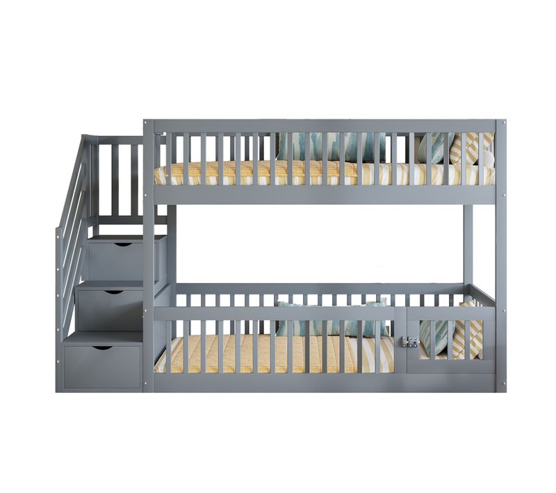 Lit Superposé 90x200-avec Escalier De Sécurité-lit Simple-pour Enfants Et Adolescents-gris