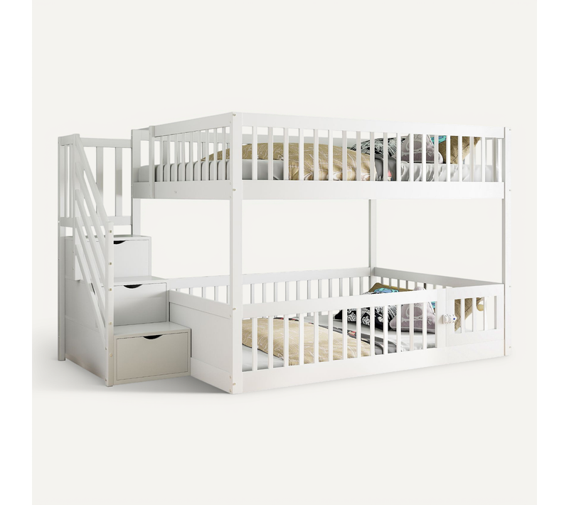 Lit Superposé 140x200-avec Escalier De Sécurité-lit Simple-pour Enfants Et Adolescents-blanc