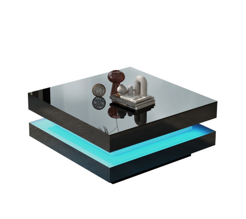 Table Basse Carrée 70x70x36cm- Style Technologique Moderne Avec Éclairage LED 16 Couleurs-noir