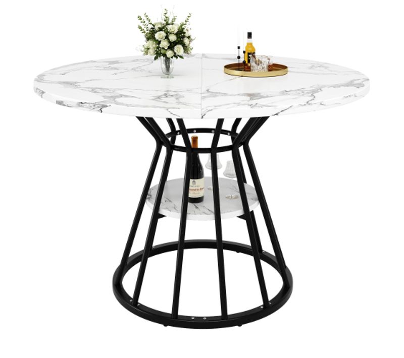 Table à Manger Ronde-table De Cuisine-petit-déjeuner-pieds En Métal-motif Marbre-blanc Et Noir