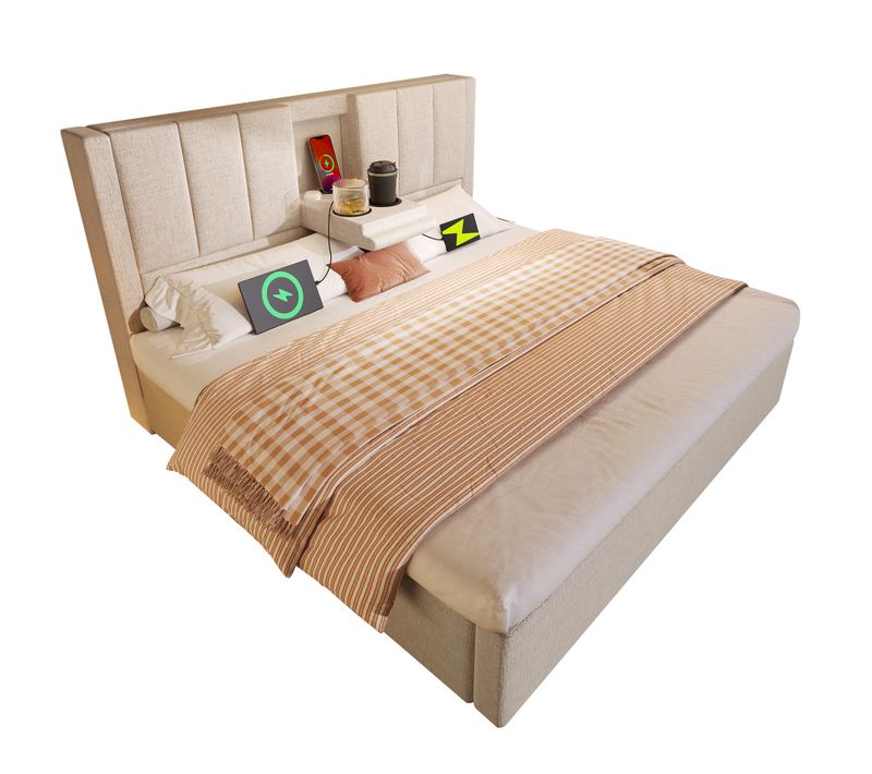 Lit Rembourré 140x190cm-lit Simple Multifonctionnel Avec Rangement, Recharge-lit Hydraulique-beige