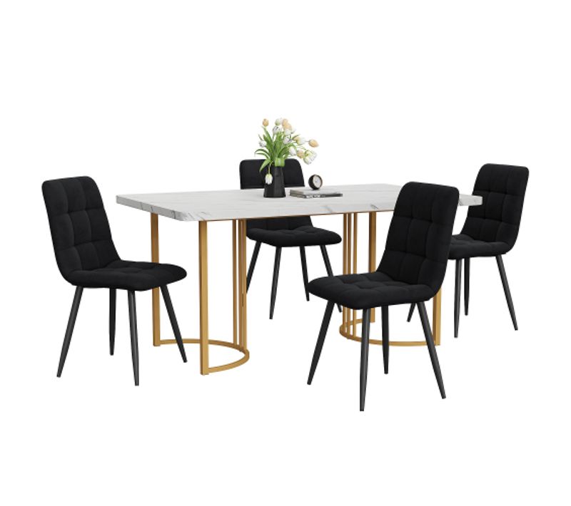 Ensemble De Salle à Manger 5 Pièces : Table Et 4 Chaises En Velours-table De Cuisine-mdf-blanc