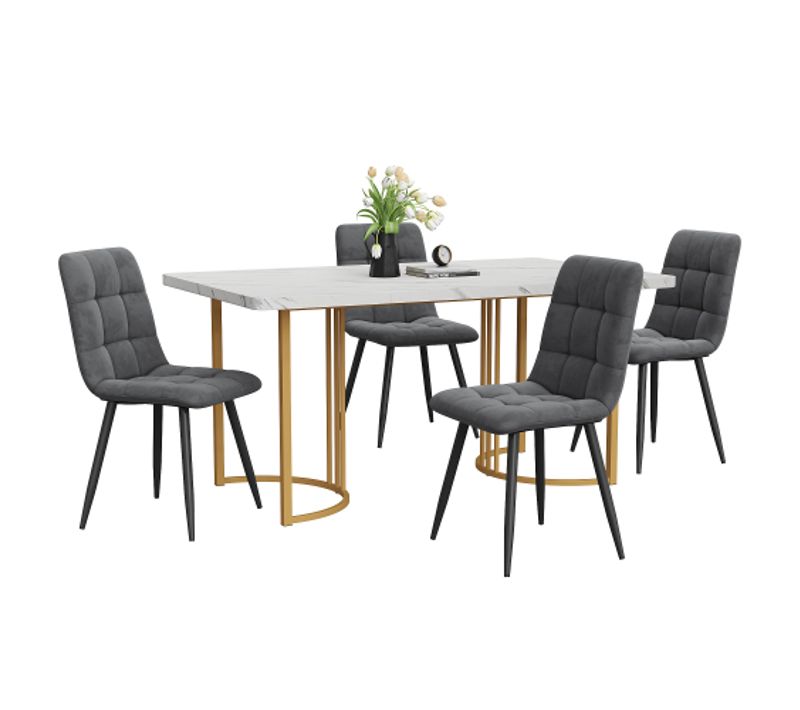 Ensemble De Salle à Manger 5 Pièces : Table Et 4 Chaises En Velours-table De Cuisine-mdf-blanc