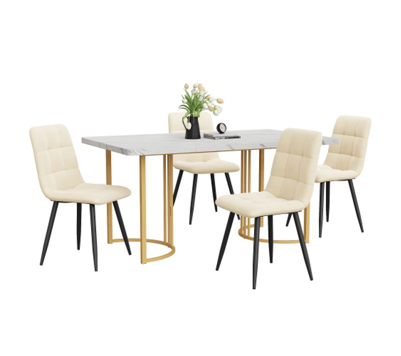 Ensemble De Salle à Manger 5 Pièces : Table Et 4 Chaises En Velours-table De Cuisine-mdf-blanc