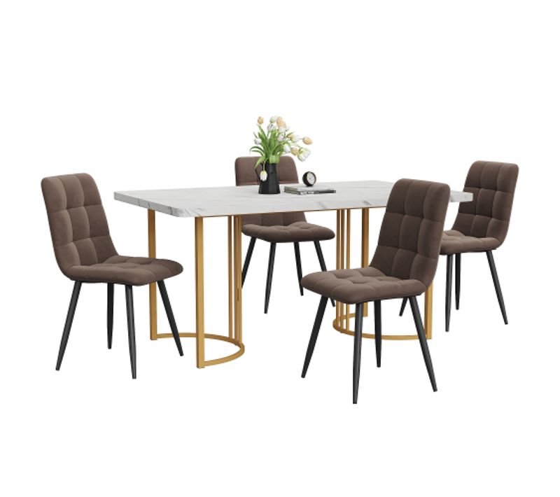 Ensemble De Salle à Manger 5 Pièces : Table Et 4 Chaises En Velours-table De Cuisine-mdf-blanc